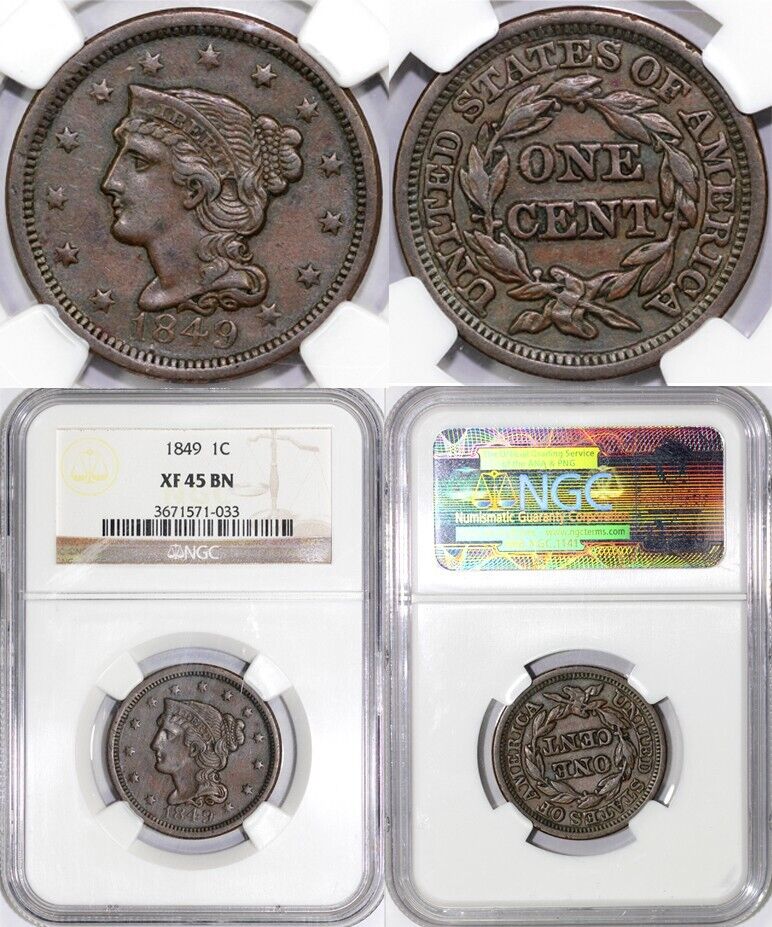 1849 1c N-9 Braided Hair Large Cent XF 45 *LDS*