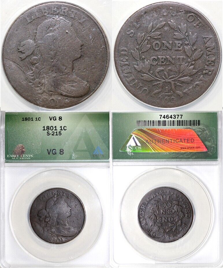 1801 1c S-215 Draped Bust Large Cent ANACS VG 8
