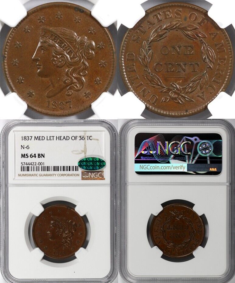 1837 1c N-6 Medium Letters Head of 36 Matron Head Large Cent NGC and CAC MS 64