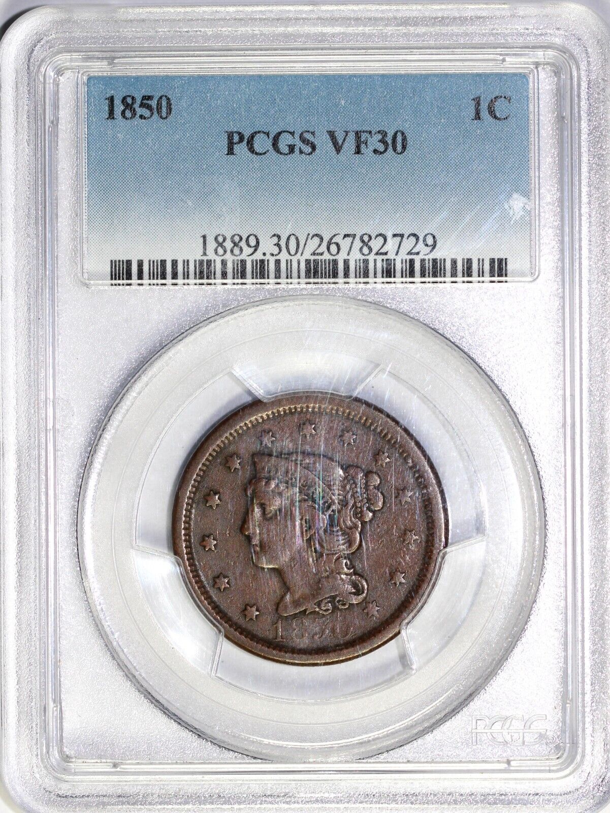 1850 1c N-24 Braided Hair Large Cent PCGS VF 30
