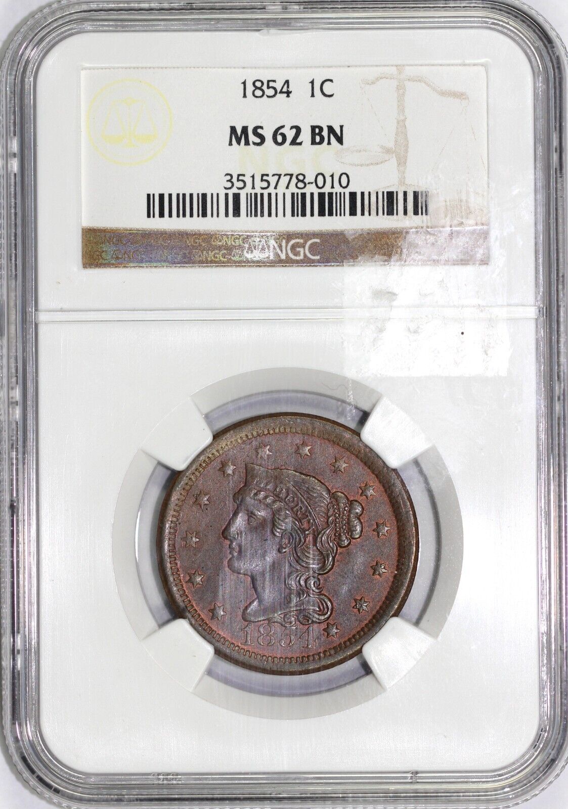 1854 1c N-2 Braided Hair Large Cent NGC MS 62