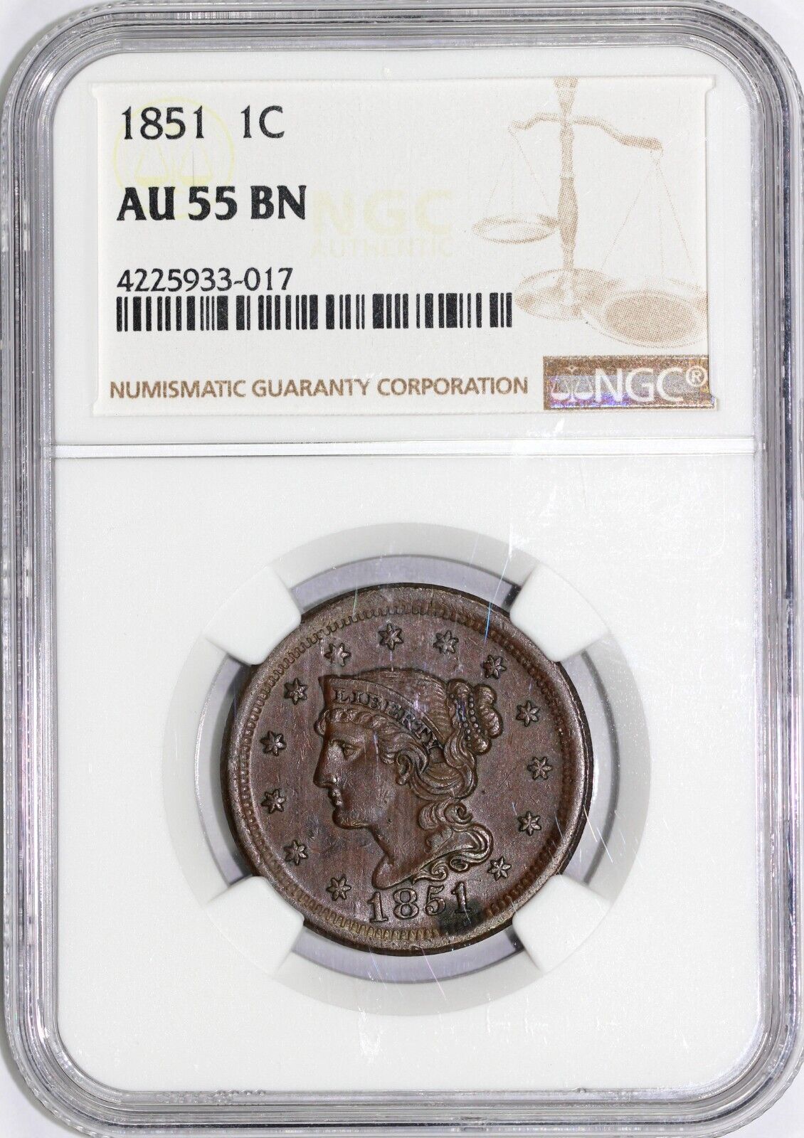 1851 1c N-3 Braided Hair Large Cent NGC AU 55