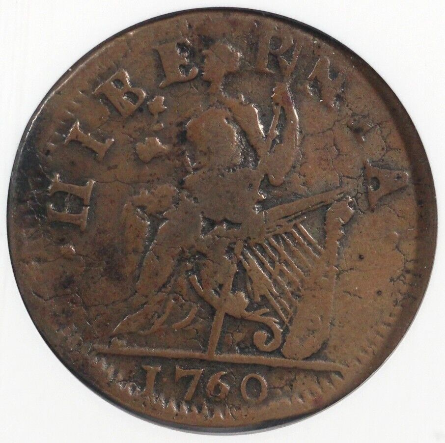 1760 1/2p No P, VOOE, Hibernia Voce Populi Colonial Half Penny NGC VF 20