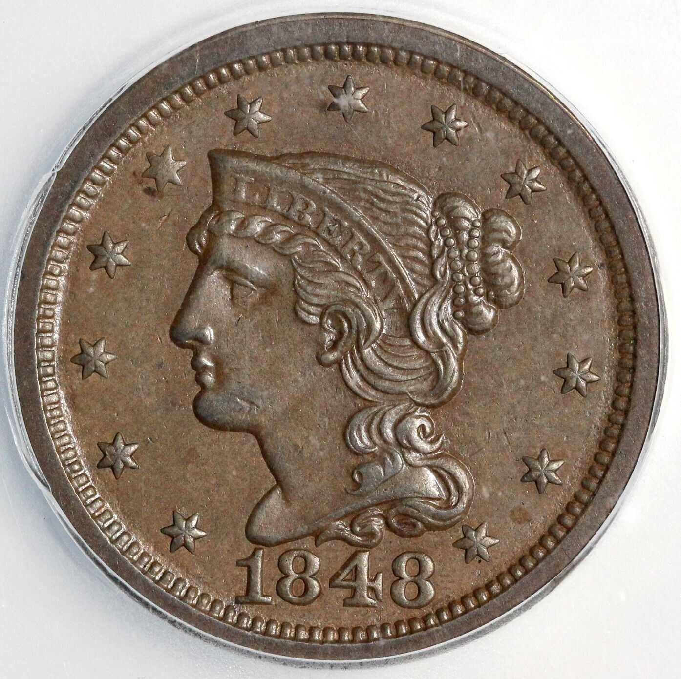 1848 1c N-17 Braided Hair Large Cent ICG MS 63 BN