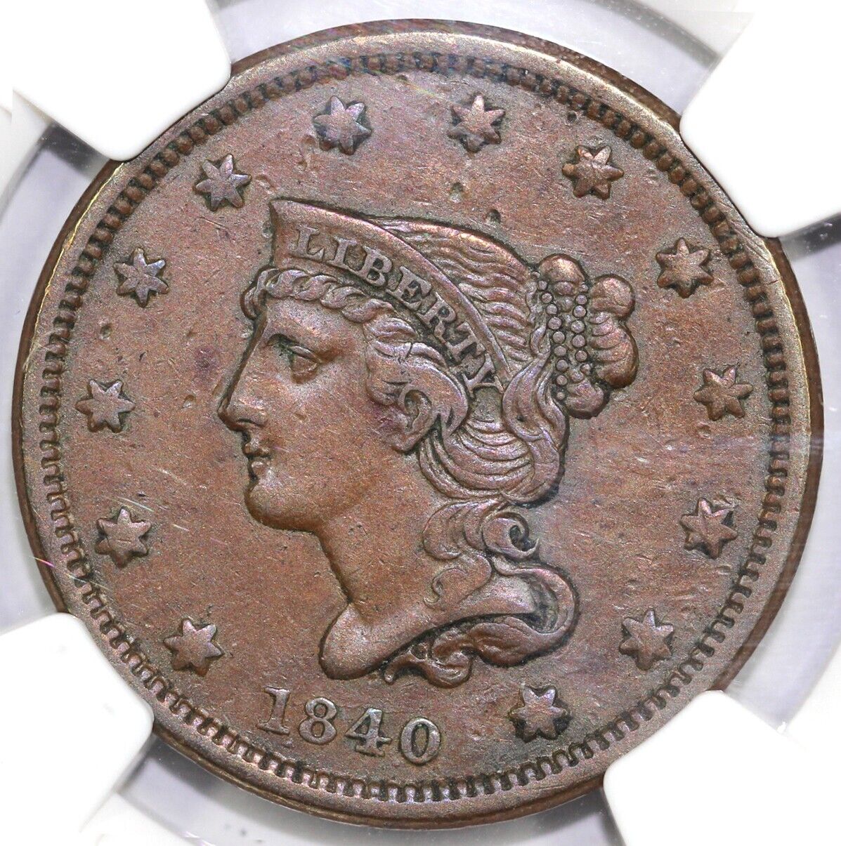 1840 1c N-3 Small Date Braided Hair Large Cent NGC XF Details Damaged
