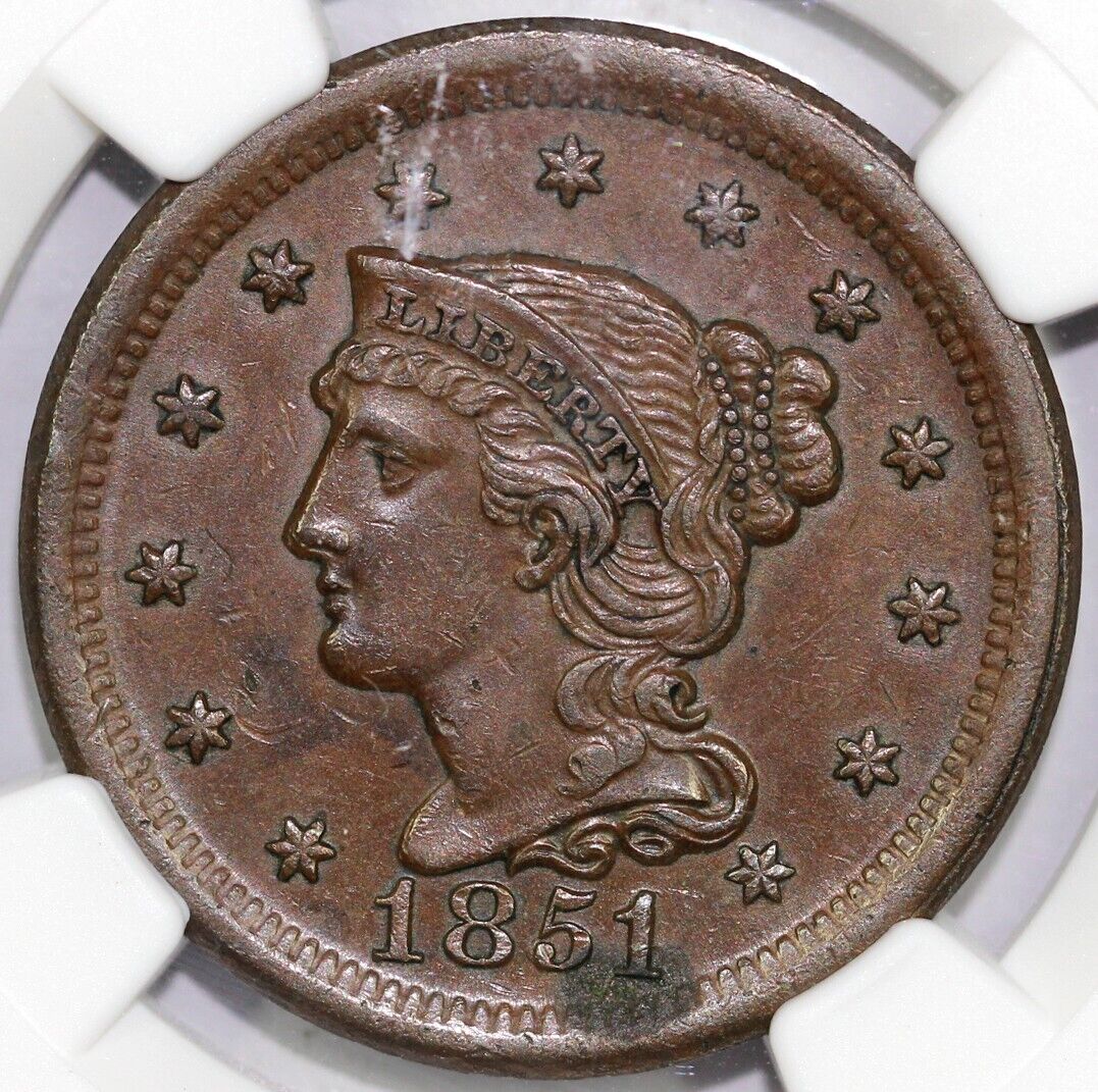 1851 1c N-3 Braided Hair Large Cent NGC AU 55