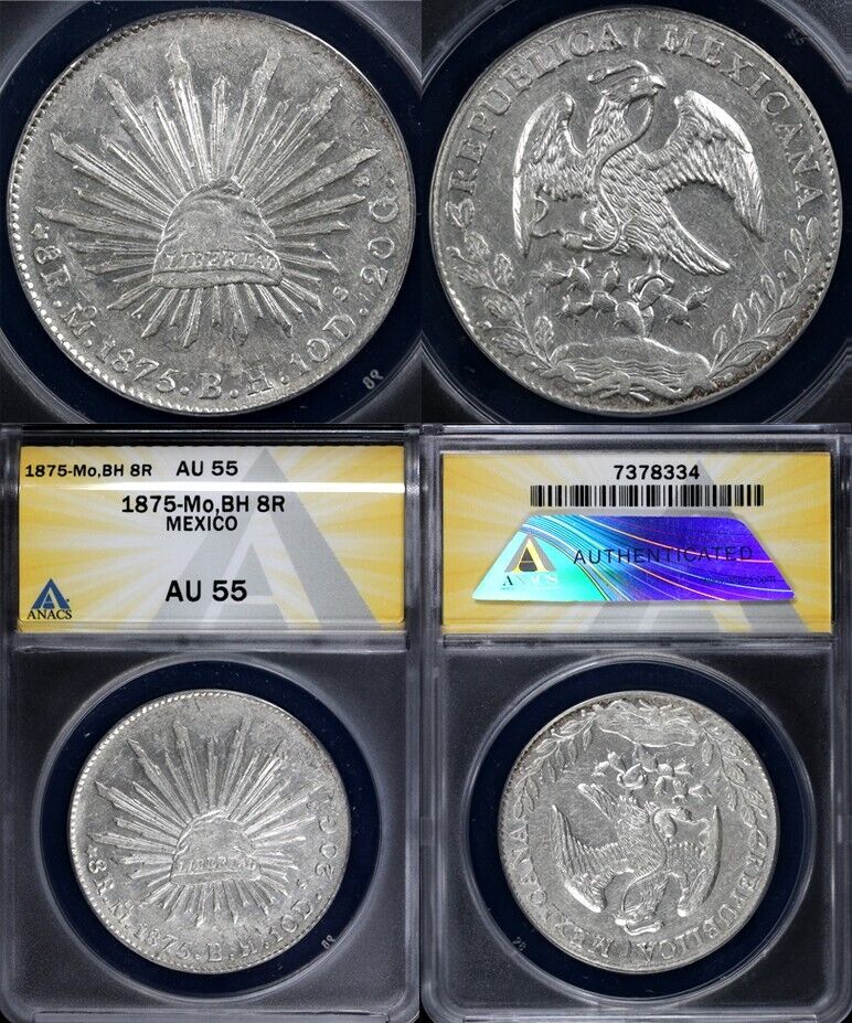 1875-Mo,BH 8r Mexico 8 Reales ANACS AU 55