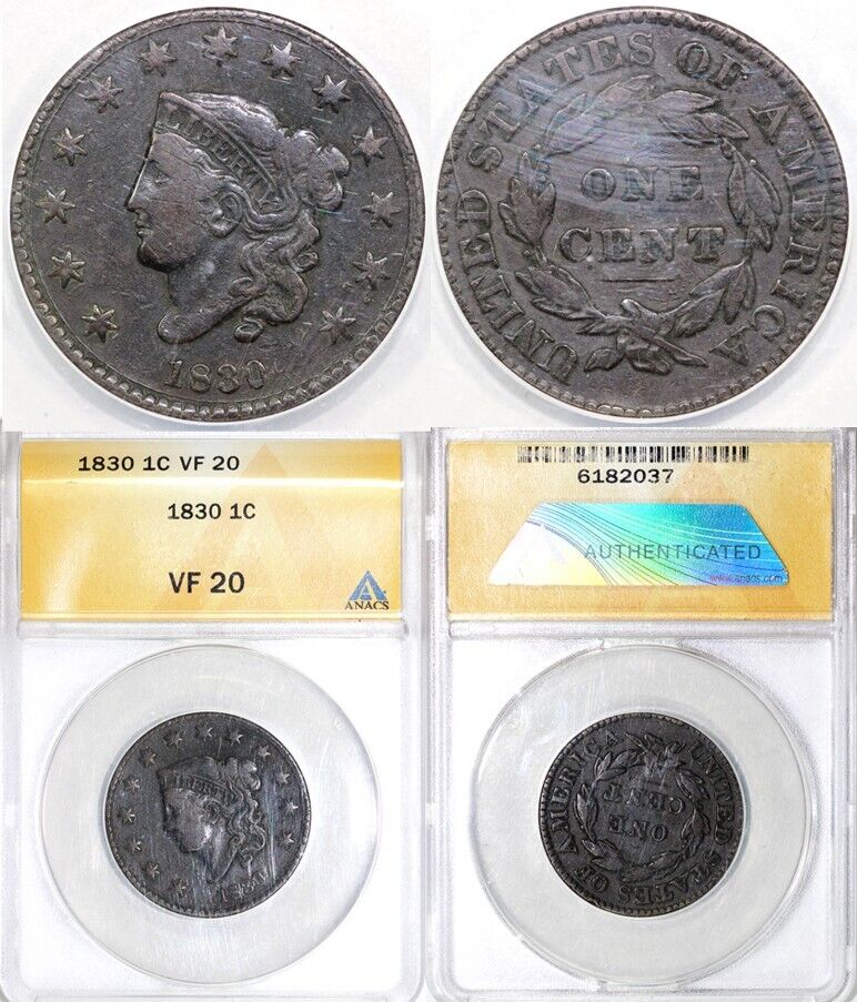 1830 1c N-10 Coronet or Matron Head Large Cent ANACS VF 20