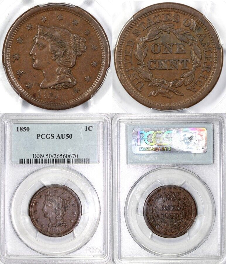 1850 1c N-24 Braided Hair Large Cent PCGS AU 50