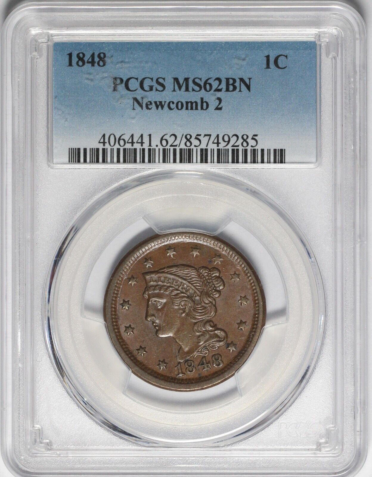 1848 1c N-2 Braided Hair Large Cent PCGS MS 62 BN