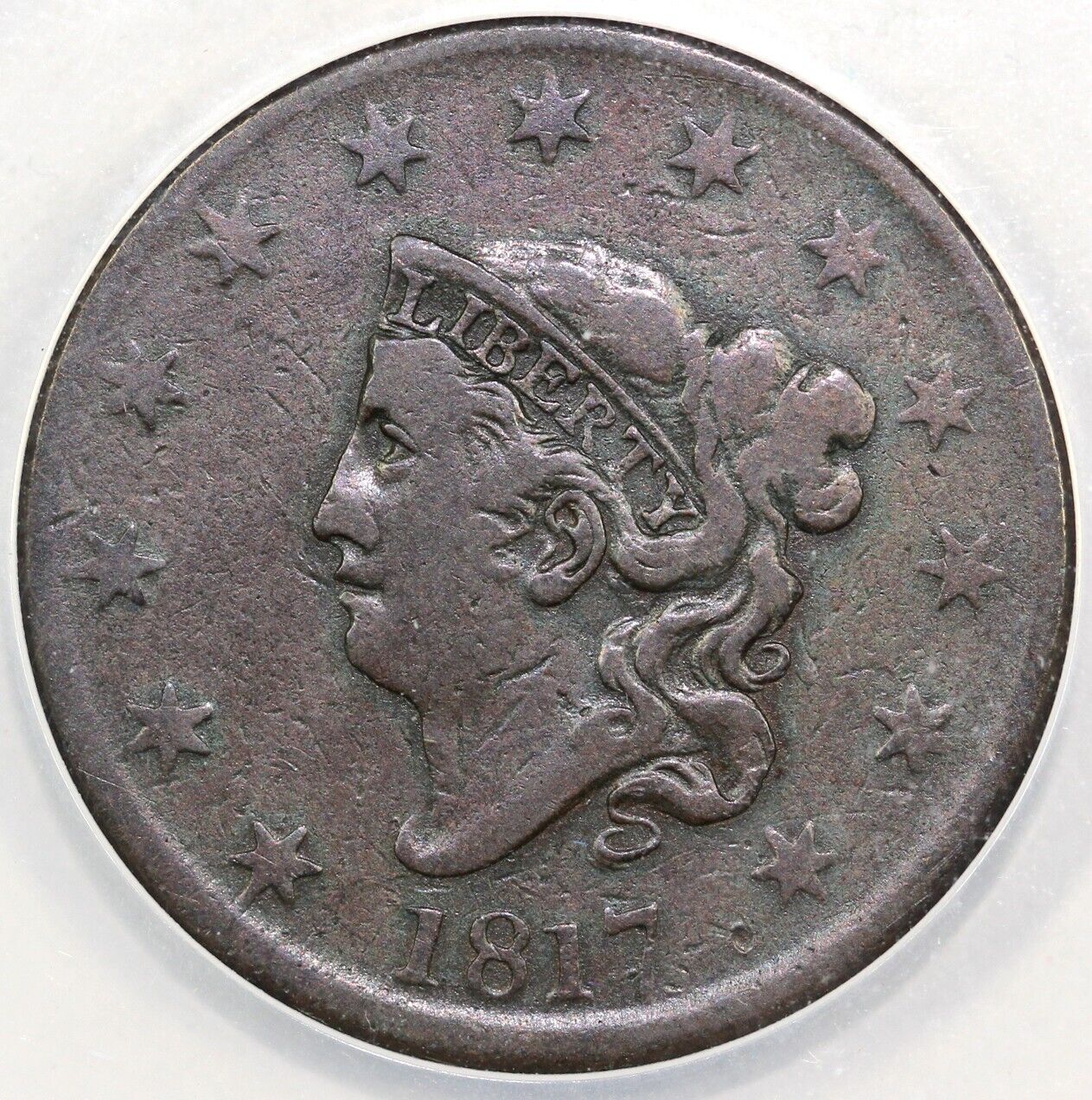 1817 1c N-1 Coronet or Matron Head Large Cent ANACS VF 20 Details Cleaned