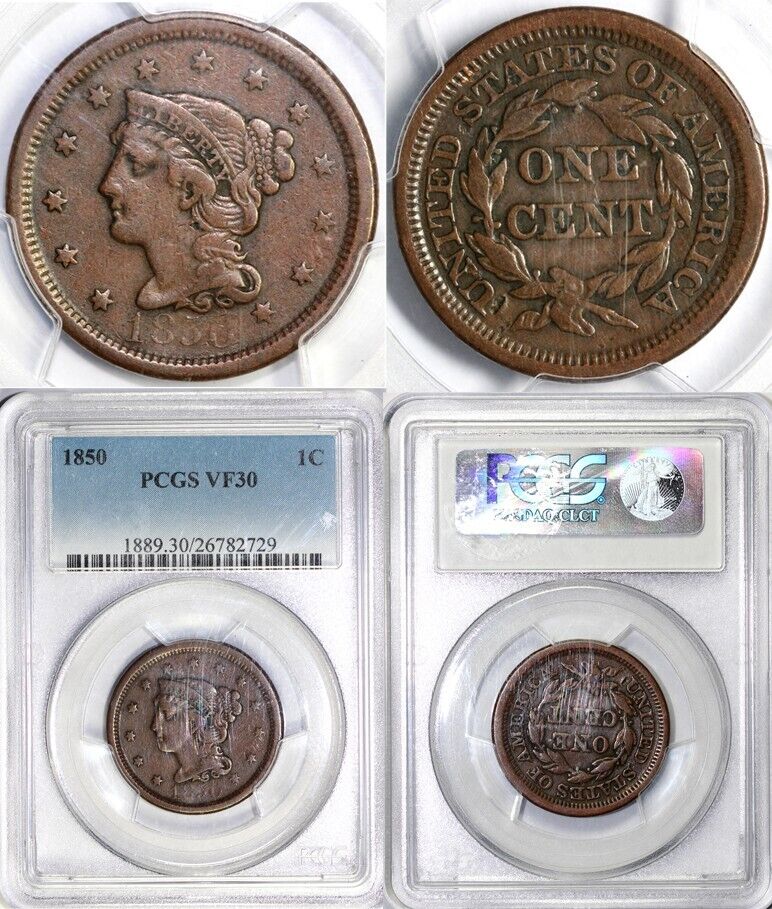 1850 1c N-24 Braided Hair Large Cent PCGS VF 30