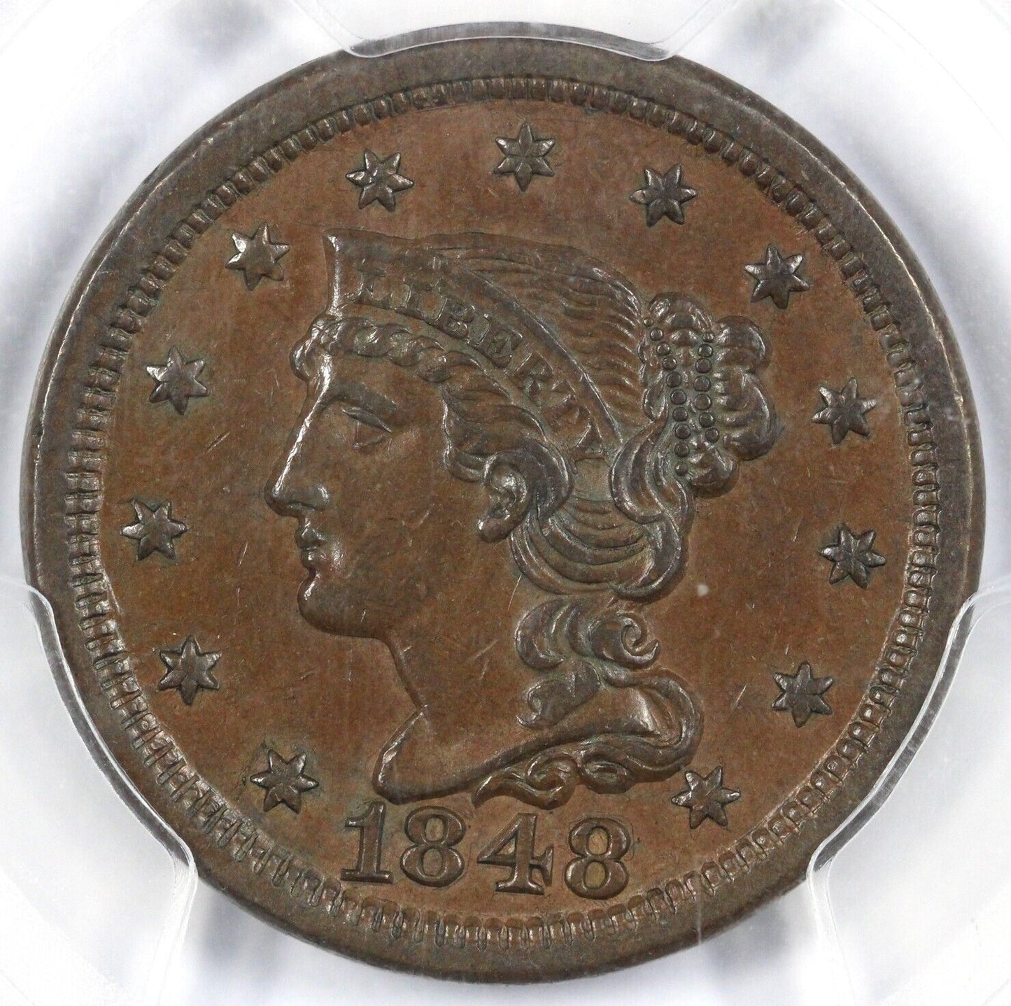1848 1c N-13 Braided Hair Large Cent PCGS AU 55