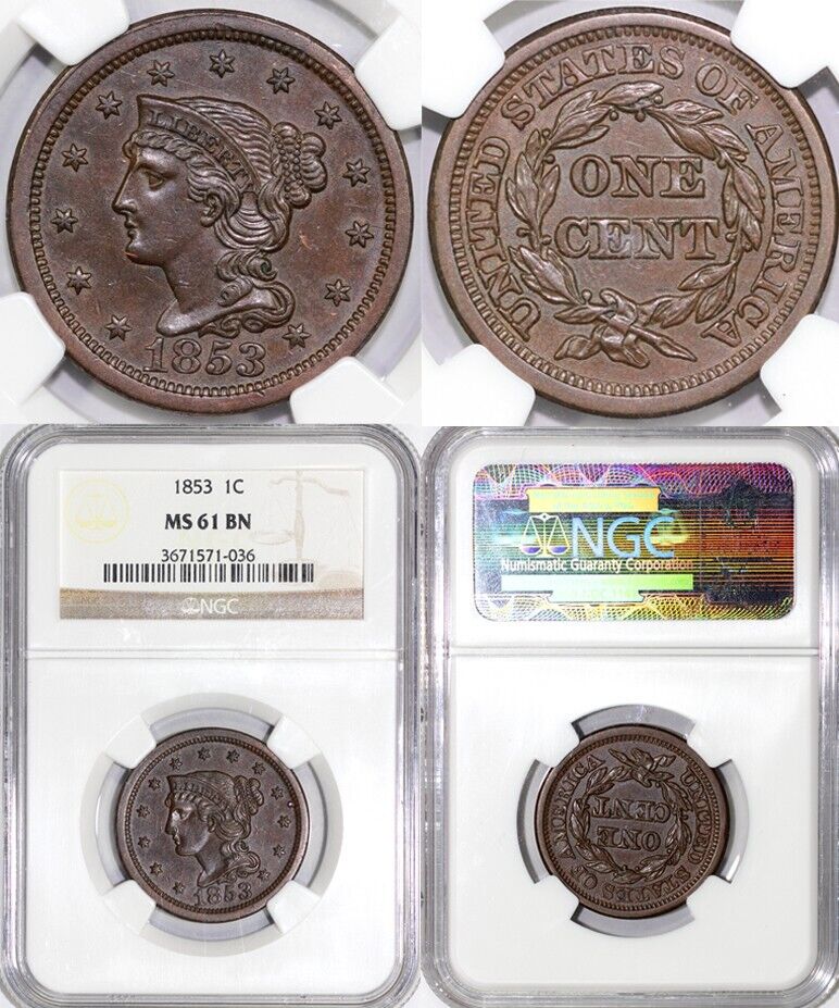 1853 1c N-24 Braided Hair Large Cent NGC MS 61