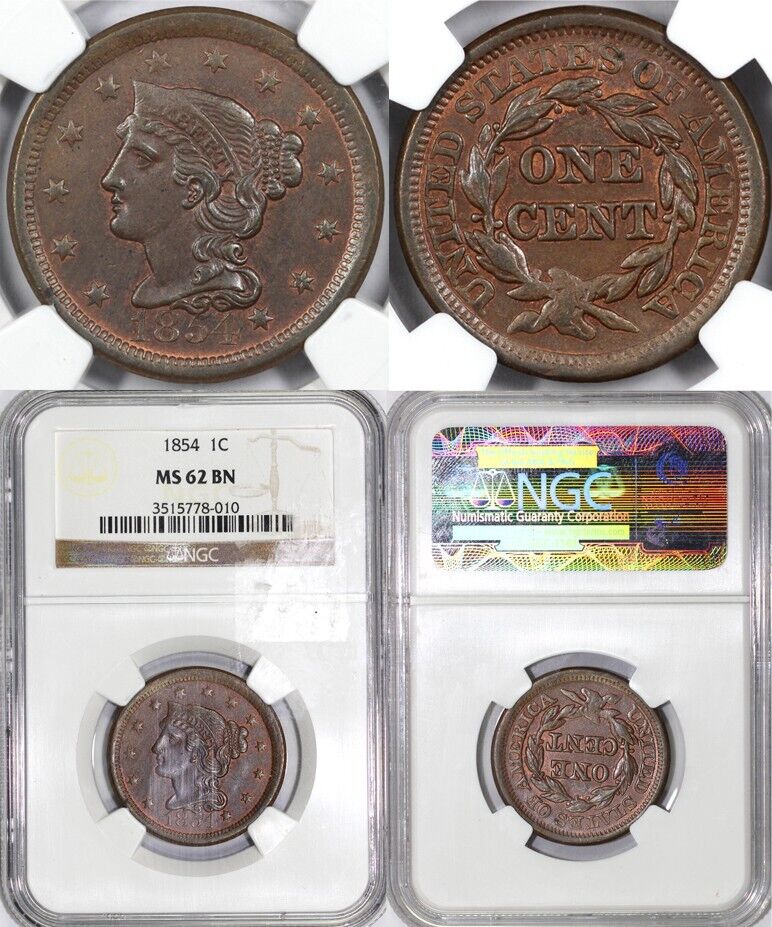 1854 1c N-2 Braided Hair Large Cent NGC MS 62