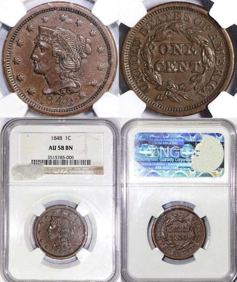 1848 1c N-25 Braided Hair Large Cent NGC AU 58