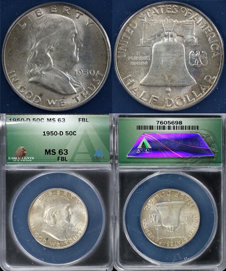 1950-D 50c Full Bell Lines Franklin Half Dollar ANACS MS 63 FBL
