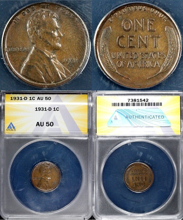 1931-D 1c Lincoln Cent ANACS AU 50