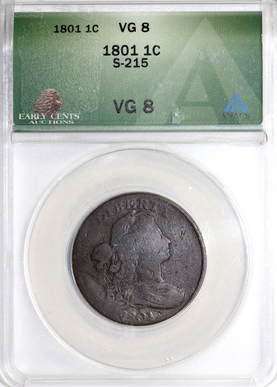 1801 1c S-215 Draped Bust Large Cent ANACS VG 8