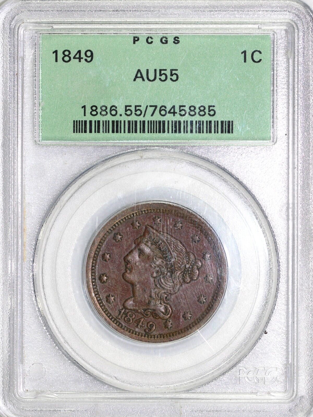 1849 1c N-21 Braided Hair Large Cent PCGS AU 55