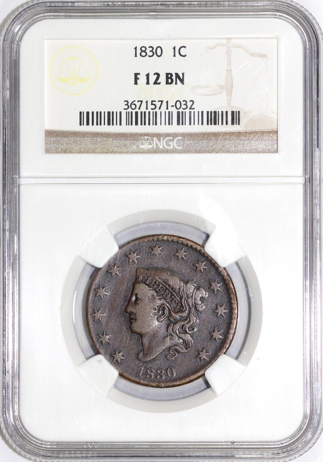 1830 1c N-7 Coronet or Matron Head Large Cent NGC F 12