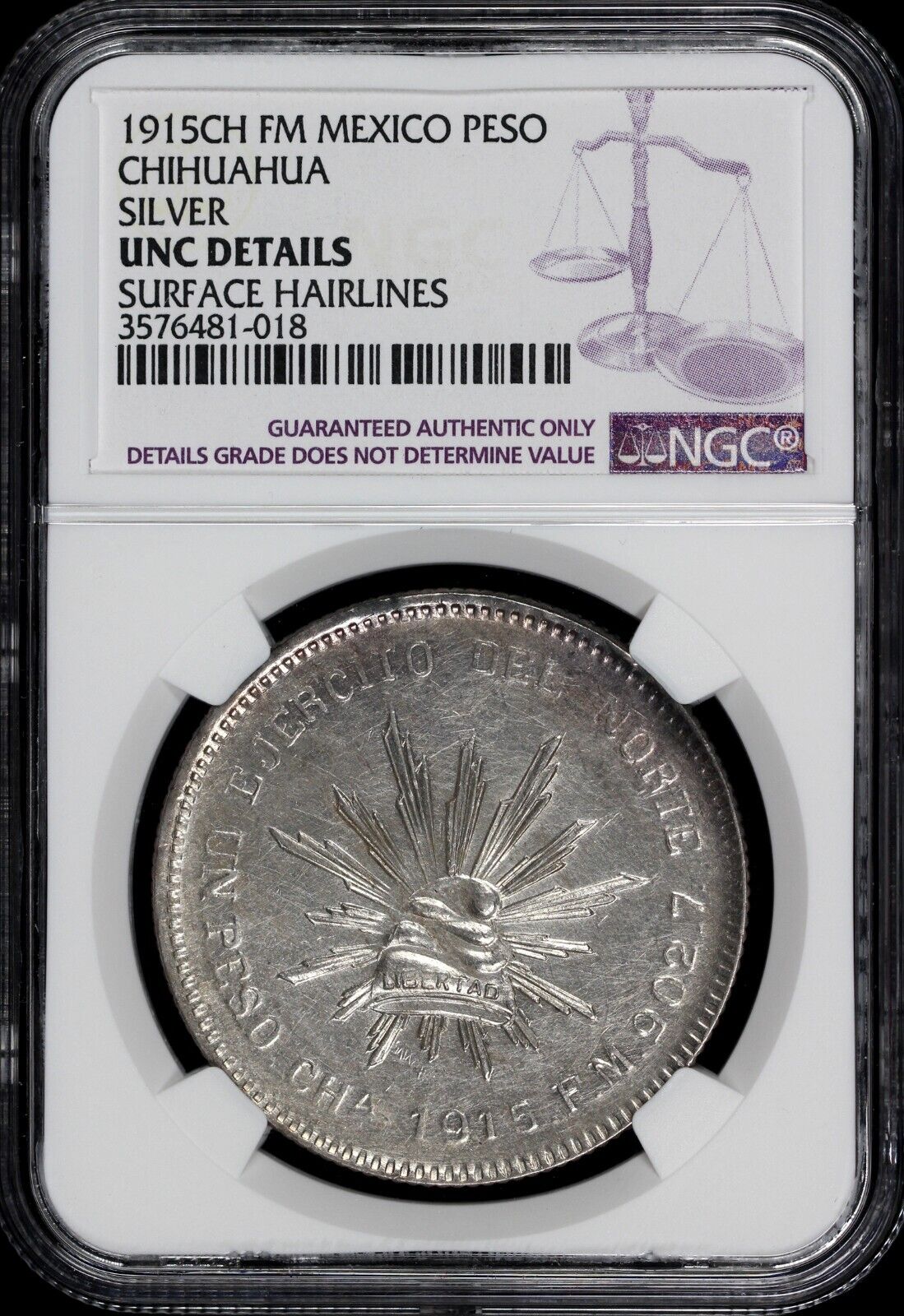 1915- CH FM "Army of the North" Mexico Chihuahua Silver Peso NGC UNC Details