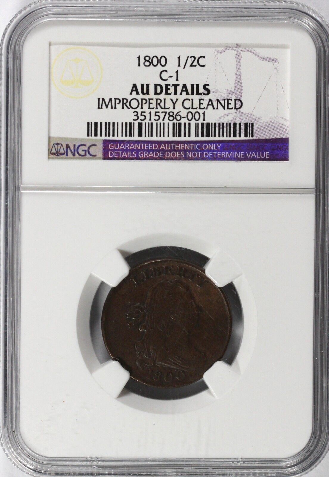 1800 1/2c C-1 Draped Bust Half Cent NGC AU Details Cleaned