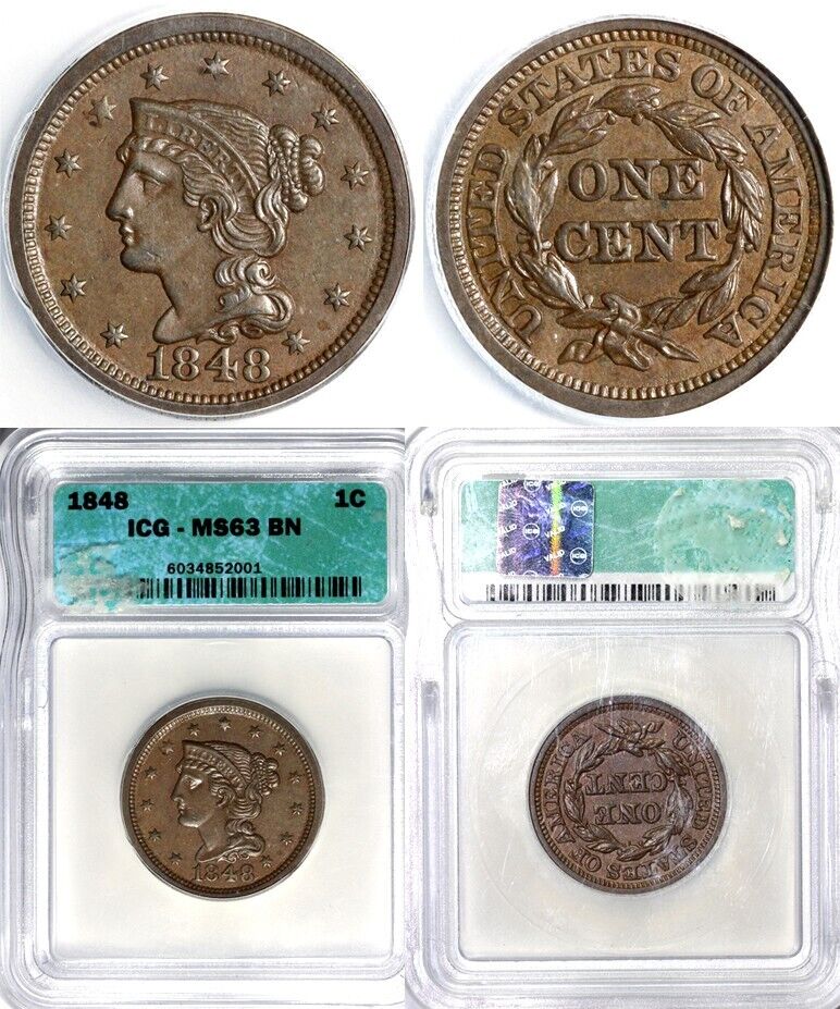 1848 1c N-17 Braided Hair Large Cent ICG MS 63 BN