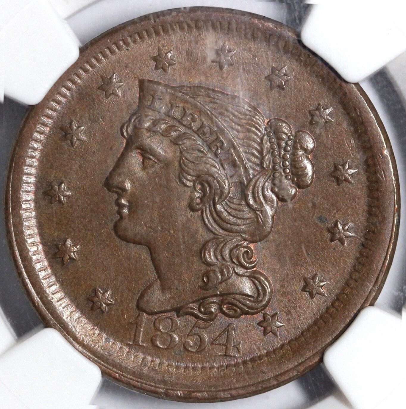 1854 1c N-11 Braided Hair Large Cent NGC MS 63 BN