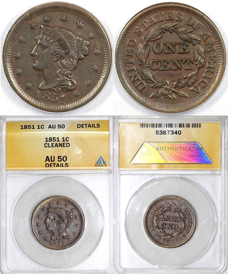 1851 1c N-3 Braided Hair Large Cent ANACS AU 50 Details Cleaned