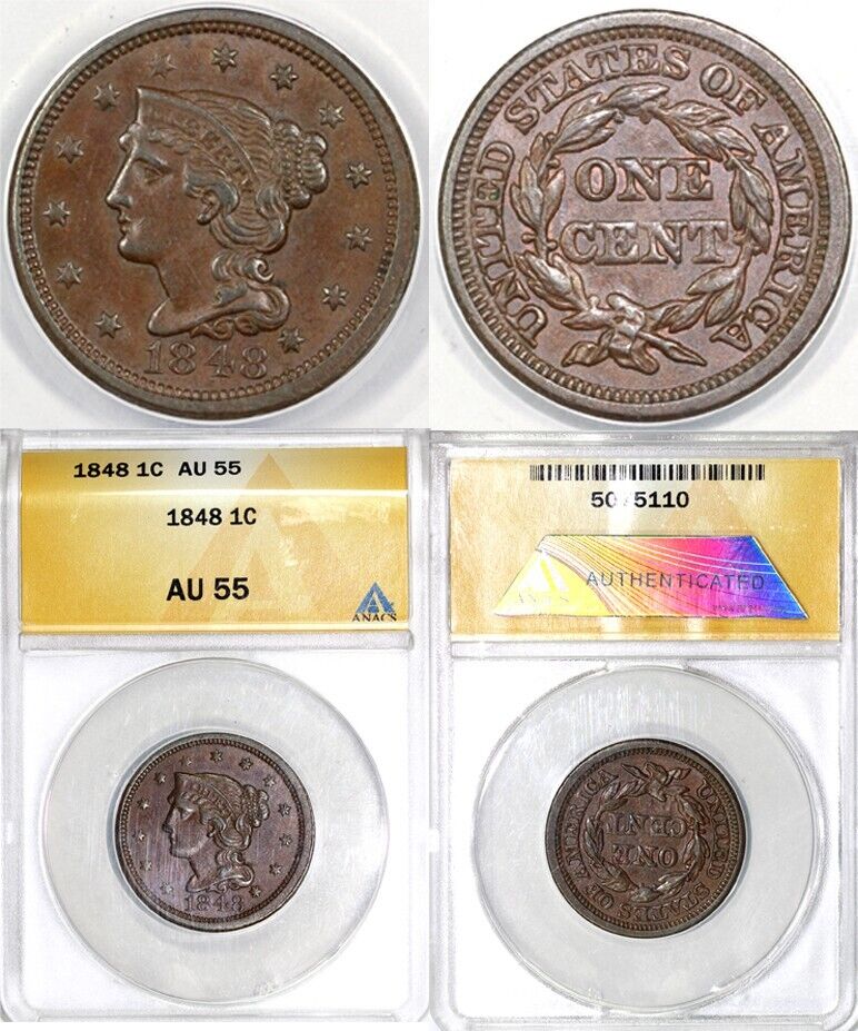 1848 1c N-6 Braided Hair Large Cent ANACS AU 55
