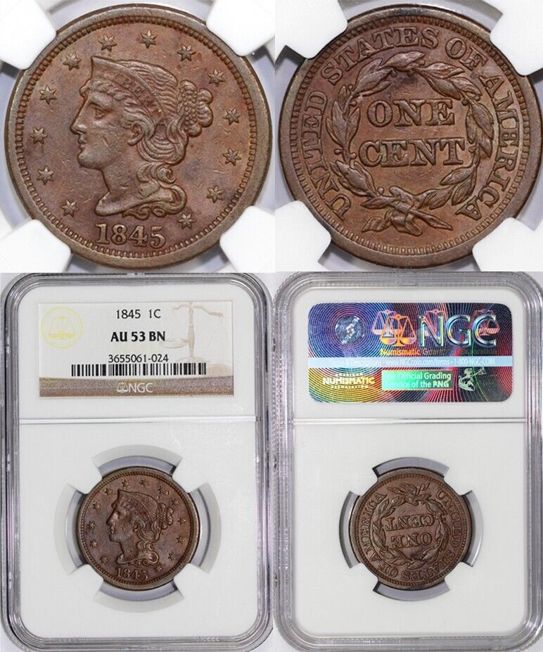 1845 1c N-7 Braided Hair Large Cent NGC AU 53