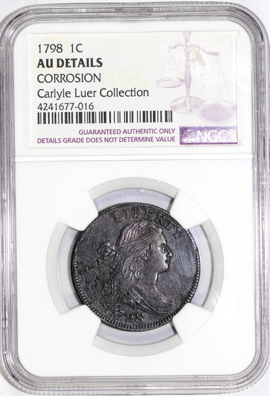 1798 1c Draped Bust Large Cent NGC AU Details Corrosion EX; Luer Collection