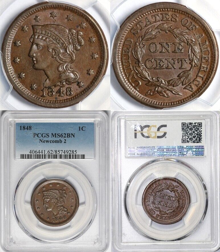 1848 1c N-2 Braided Hair Large Cent PCGS MS 62 BN