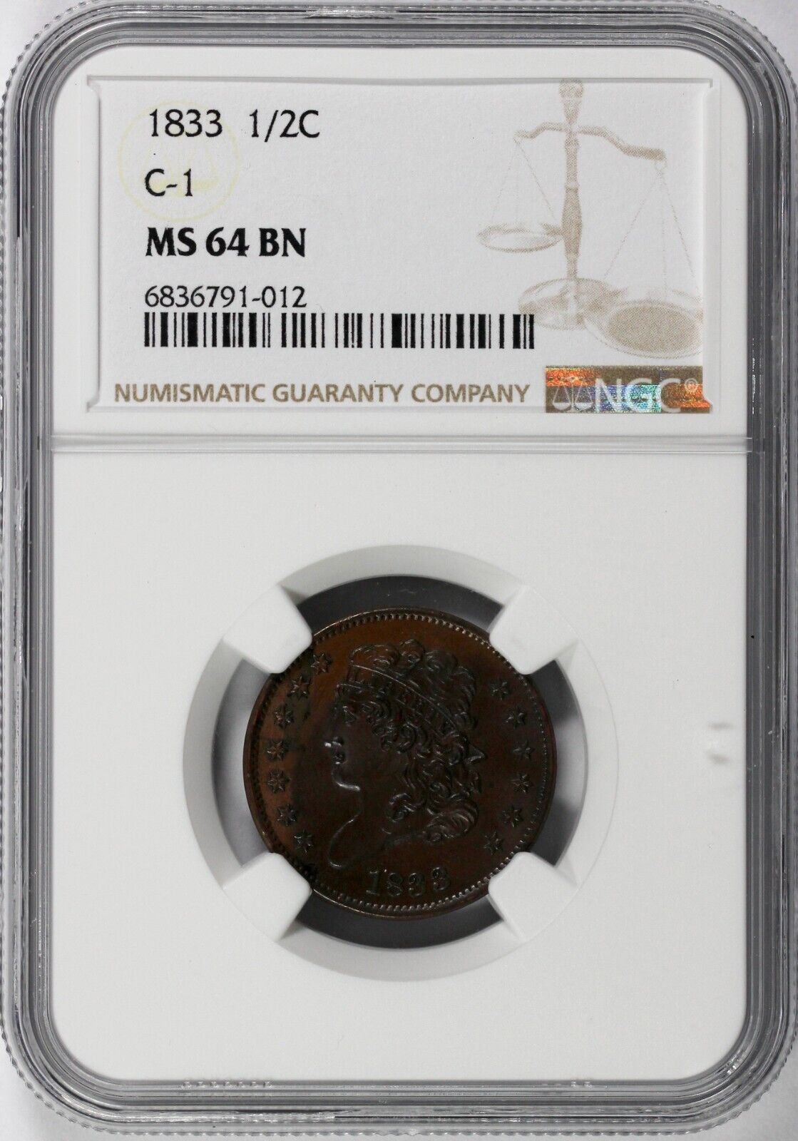 1833 1/2c C-1 Classic Head Half Cent NGC MS 64 BN