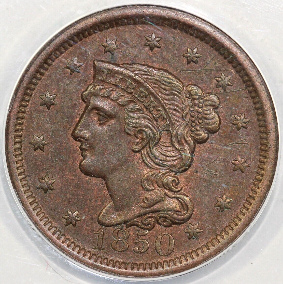 1850 1c N-28 Braided Hair Large Cent ANACS MS 60 Details Scratched