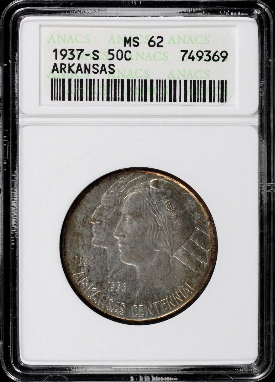 1937-S 50c Arkansas Silver Commemorative Half Dollar ANACS MS 62