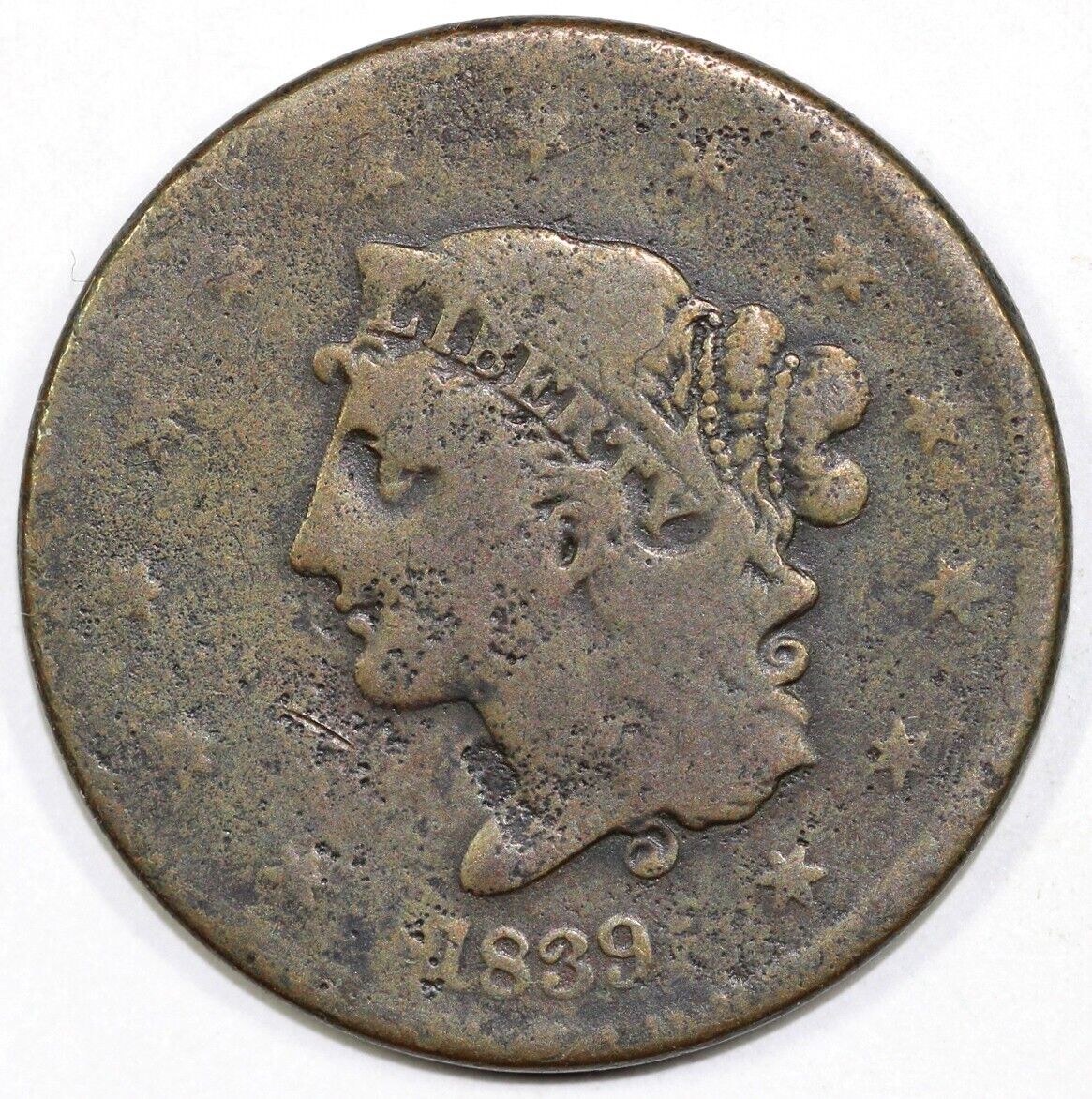 1839 1c Booby Head N-12 Coronet or Matron Head Large Cent