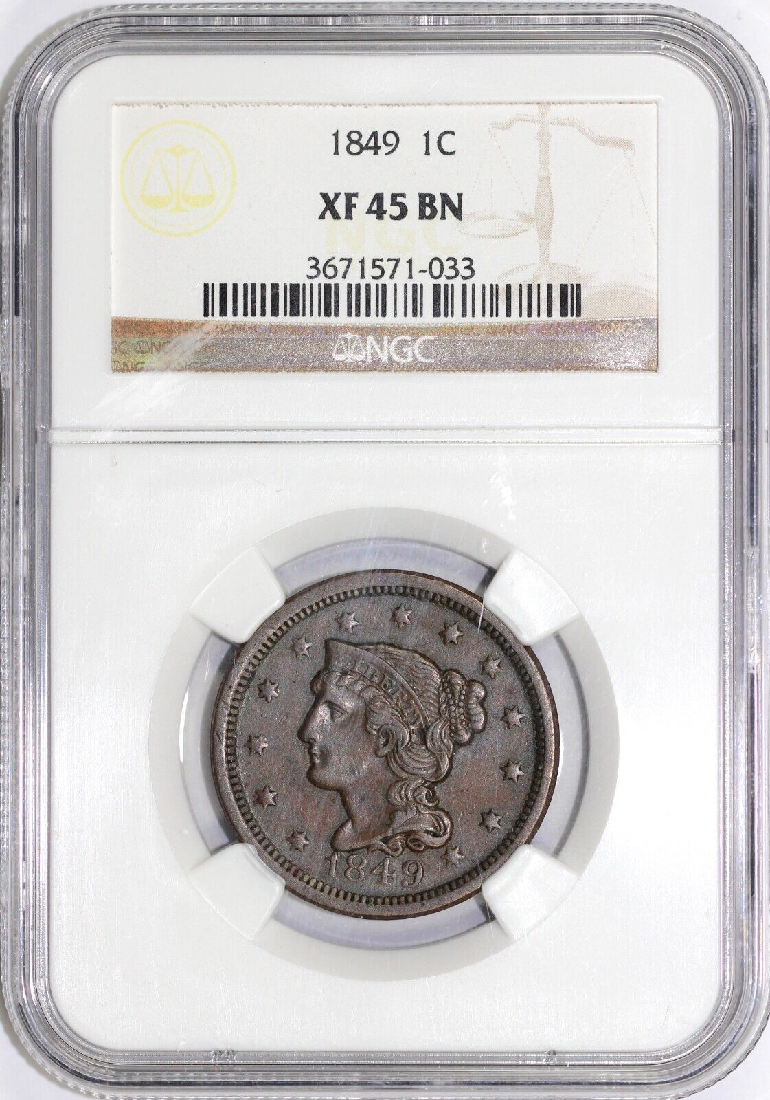 1849 1c N-9 Braided Hair Large Cent XF 45 *LDS*