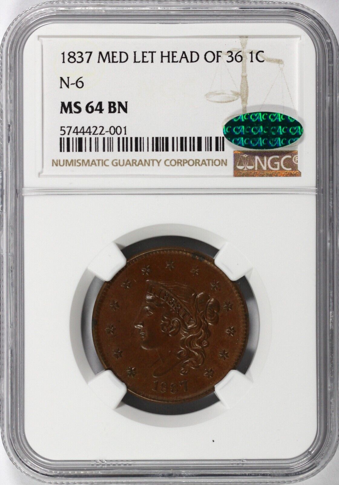 1837 1c N-6 Medium Letters Head of 36 Matron Head Large Cent NGC and CAC MS 64