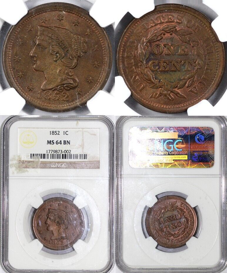 1852 1c N-13 Braided Hair Large Cent NGC MS 64 BN