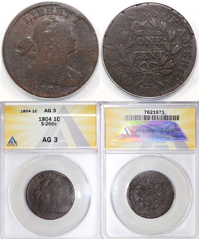 1804 1c S-266c Draped Bust Large Cent ANACS AG 3