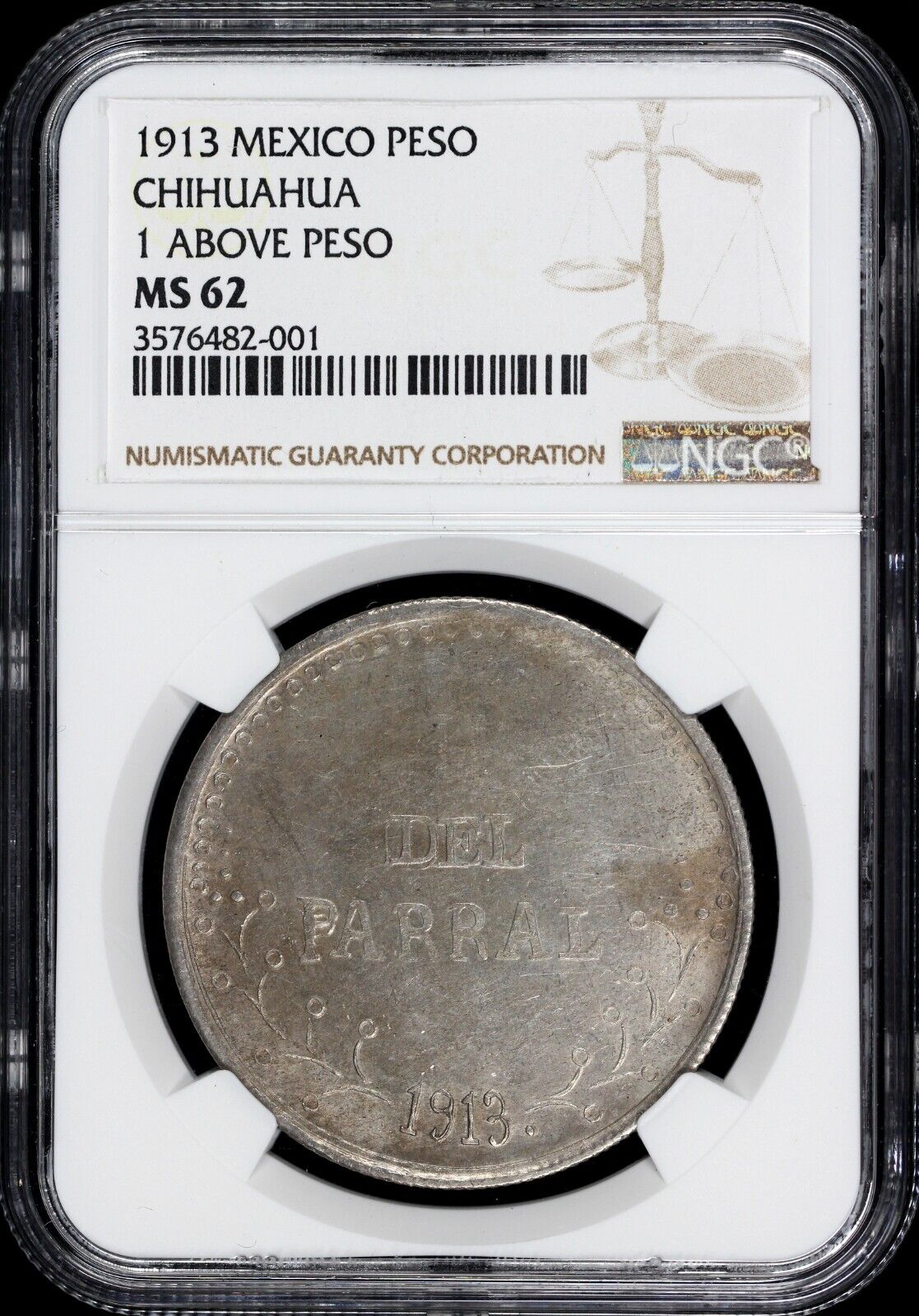1913 1p Mexico Chihuahua Hidalgo Del Parral Peso "1 Above Peso" NGC MS 62