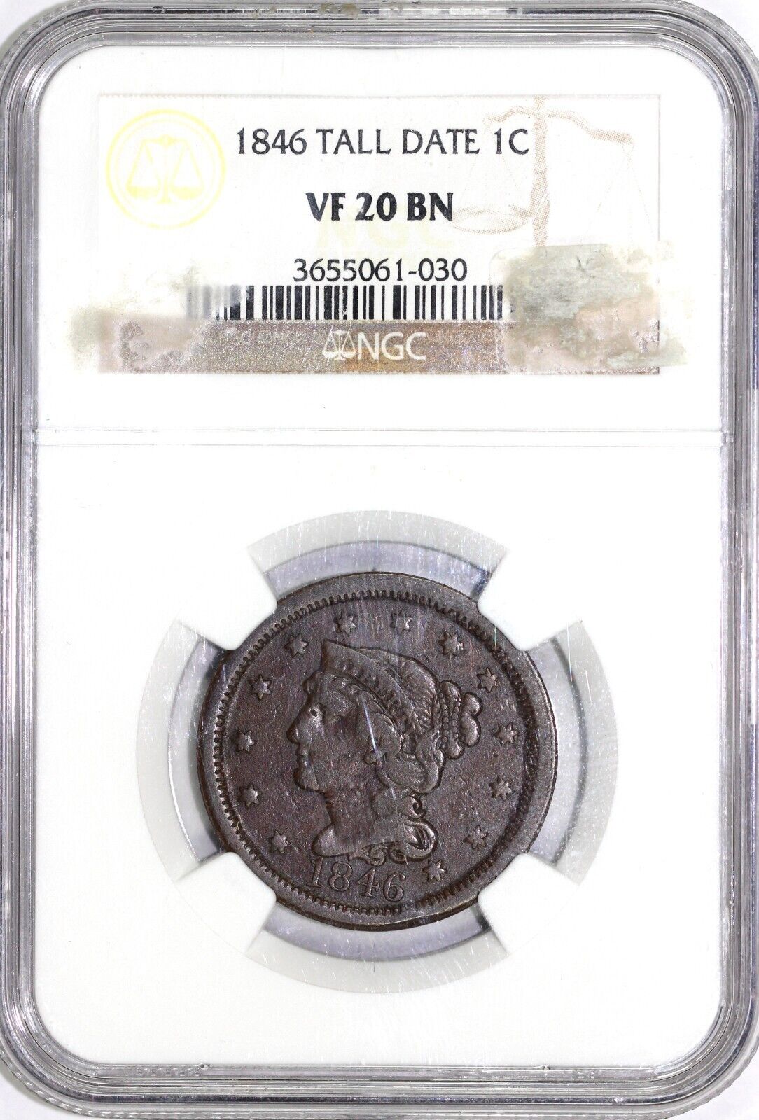 1846 1c Tall Date N-25 Braided Hair Large Cent NGC VF 20 BN