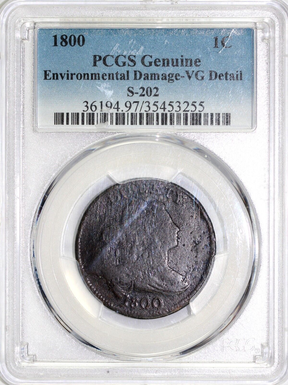 1800 1c S-202 Draped Bust Large Cent PCGS VG Details Env Damage