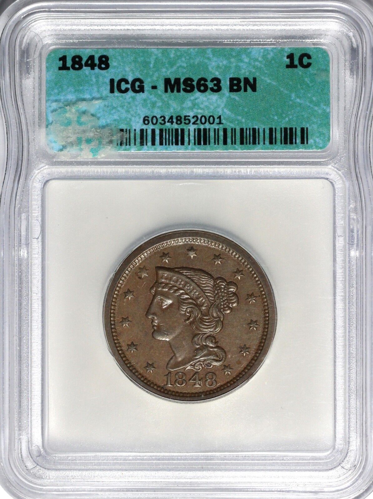 1848 1c N-17 Braided Hair Large Cent ICG MS 63 BN