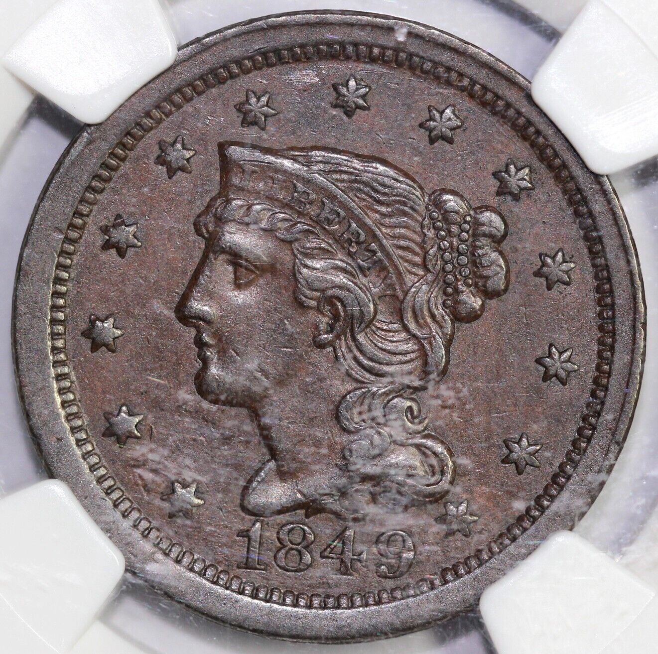 1849 1c N-23 Braided Hair Large Cent NGC AU 55