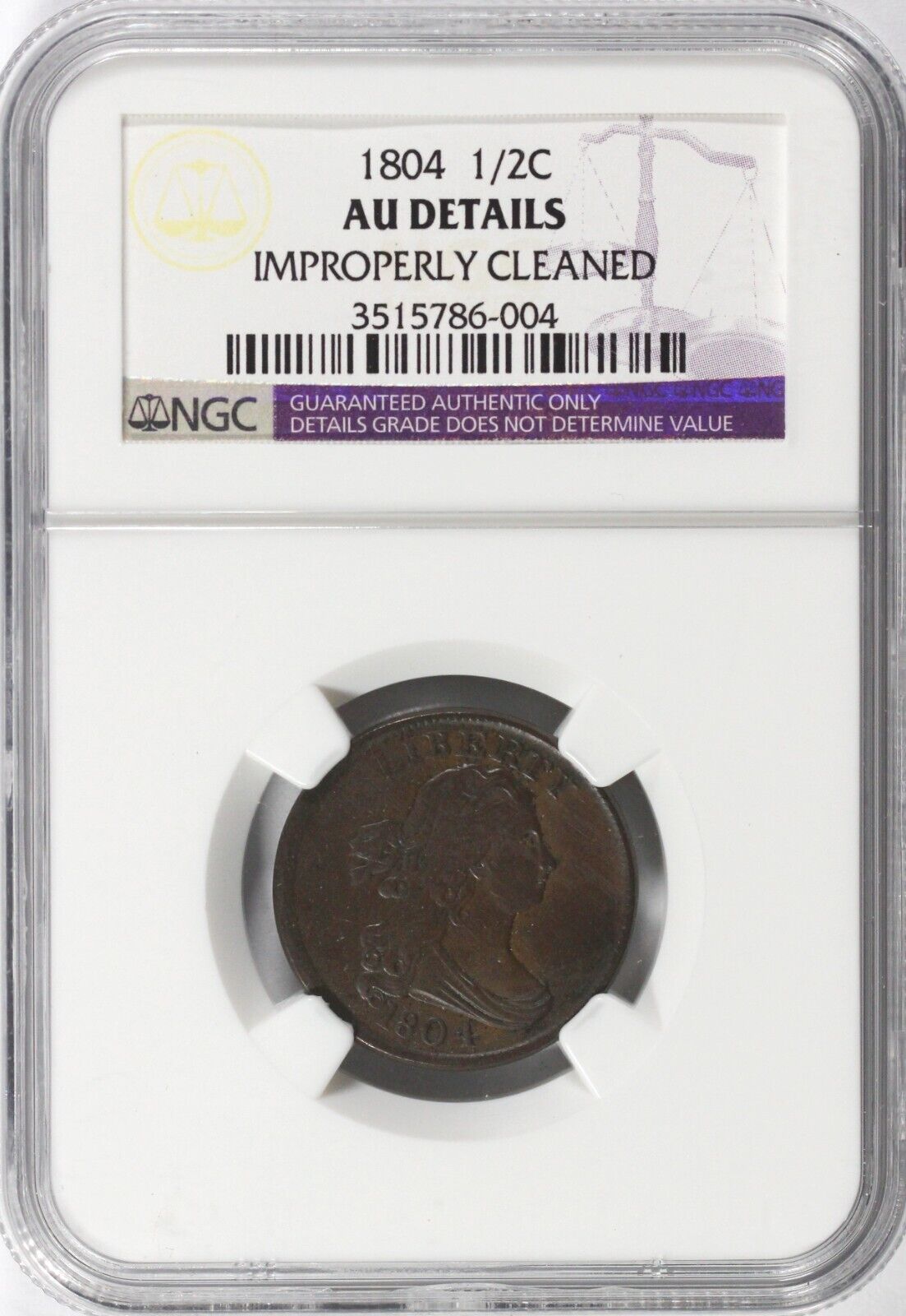 1804 1/2c Draped Bust Half Cent NGC AU Details Improperly Cleaned