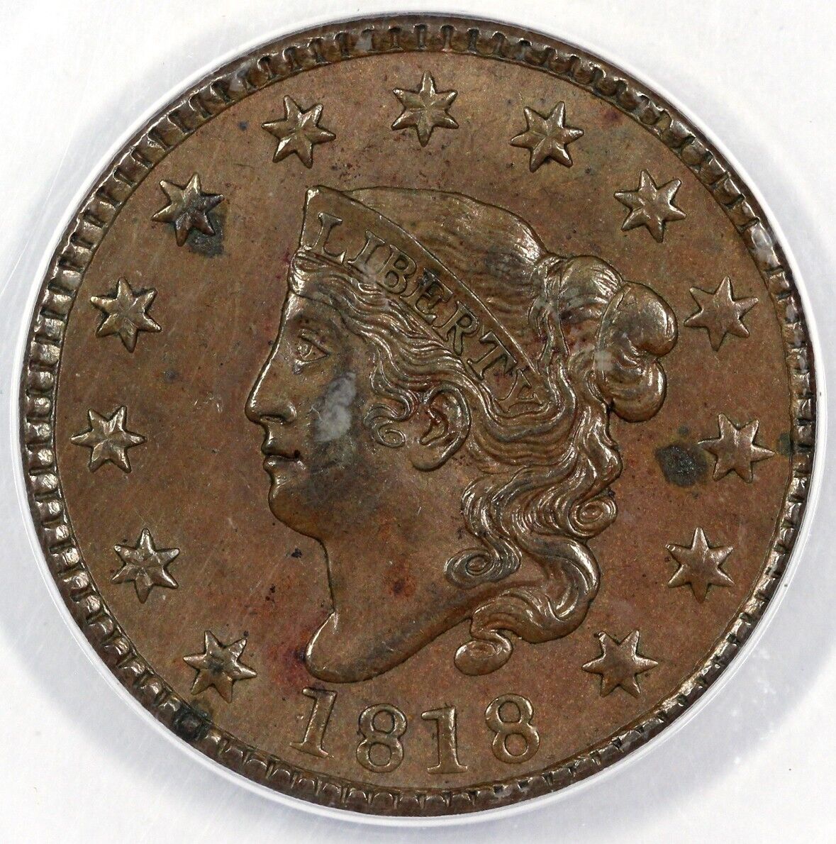 1818 1c N-6 Coronet or Matron Head Large Cent ANACS AU 50