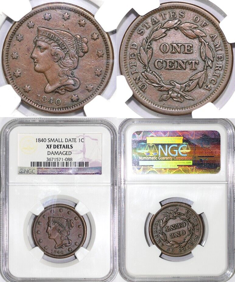 1840 1c N-3 Small Date Braided Hair Large Cent NGC XF Details Damaged